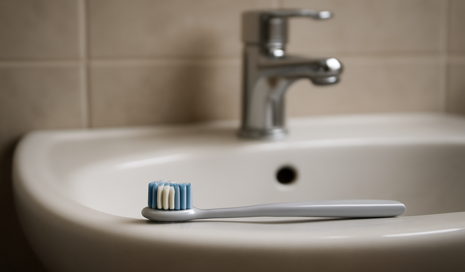 brosse à dents posée près d'un lavabo