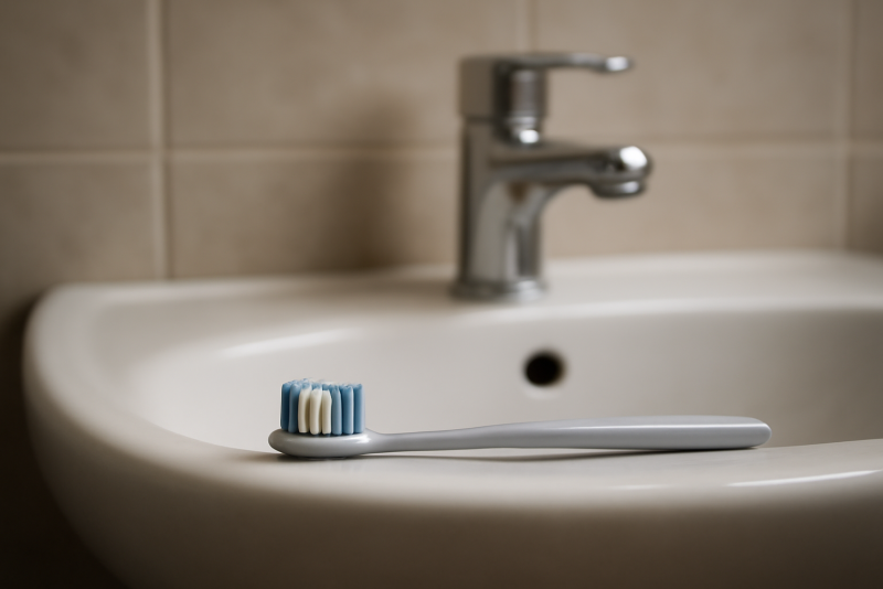 brosse à dents posée près d'un lavabo