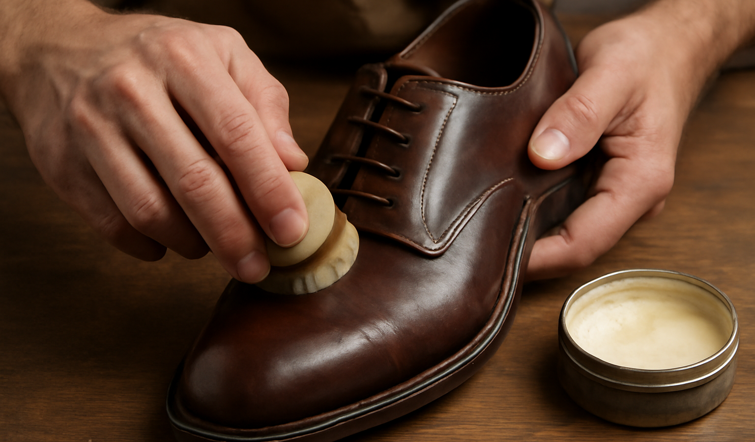 mains cirant une paire de chaussures en cuir