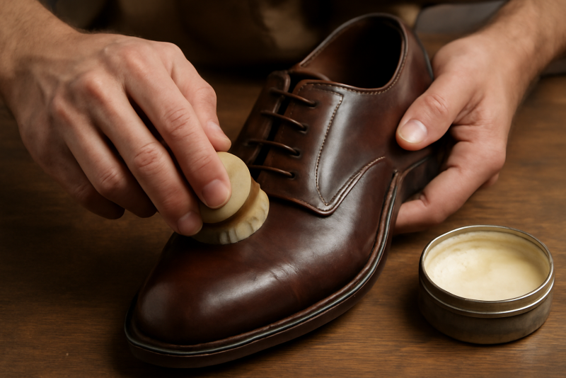 mains cirant une paire de chaussures en cuir