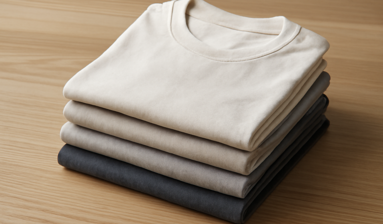 pile de t-shirts basiques neutres sur table