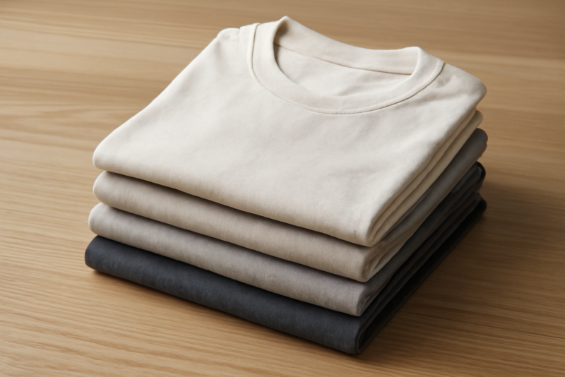 pile de t-shirts basiques neutres sur table