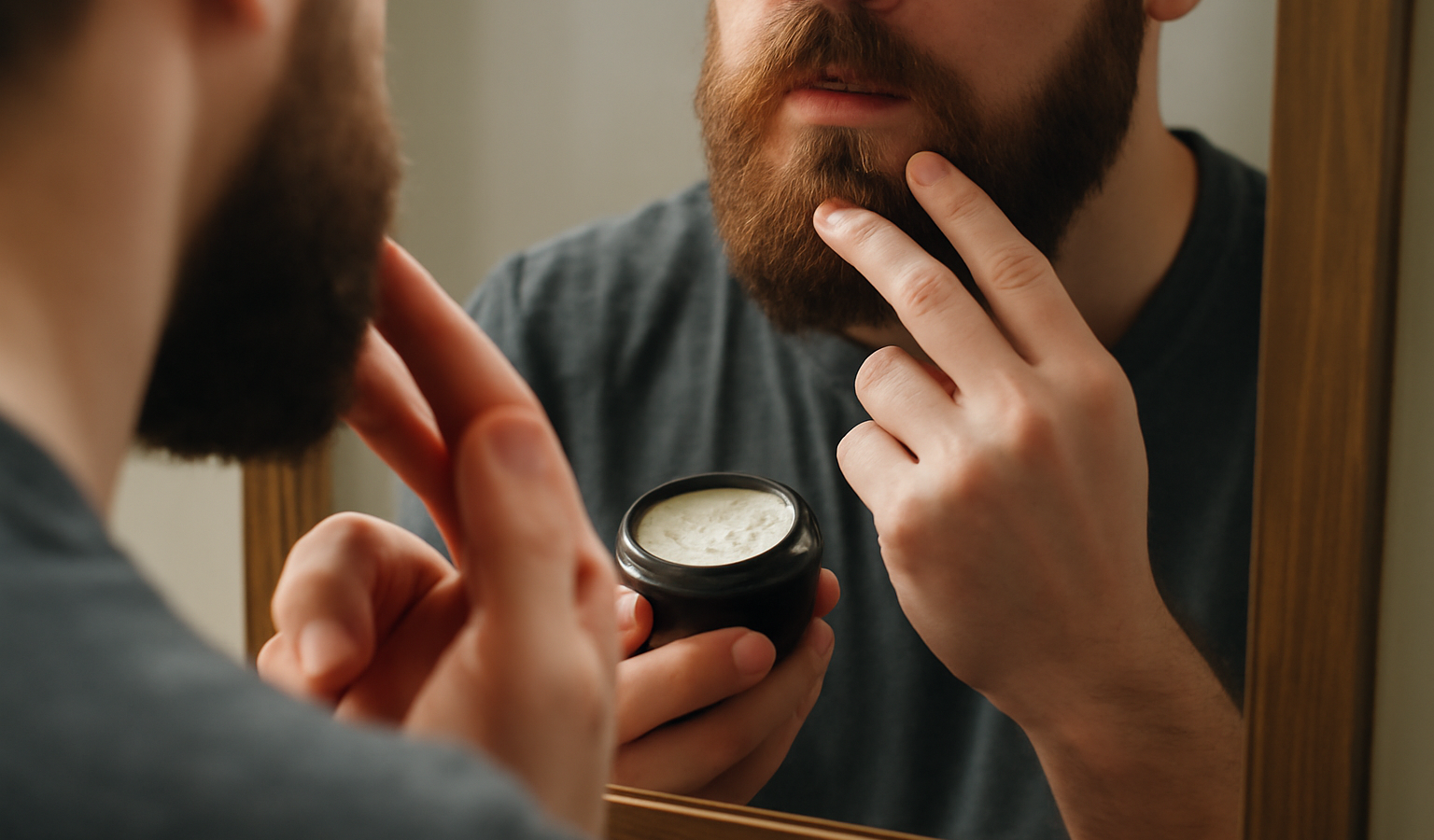 mains appliquant soin barbe devant miroir
