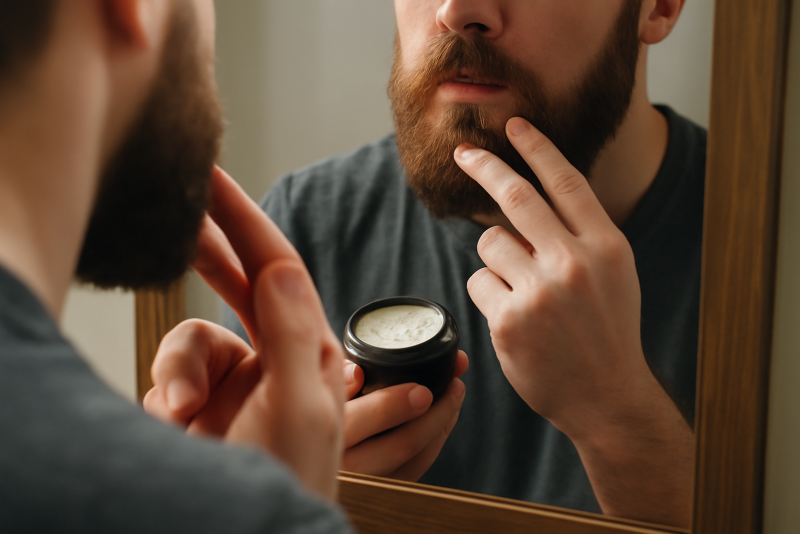 mains appliquant soin barbe devant miroir