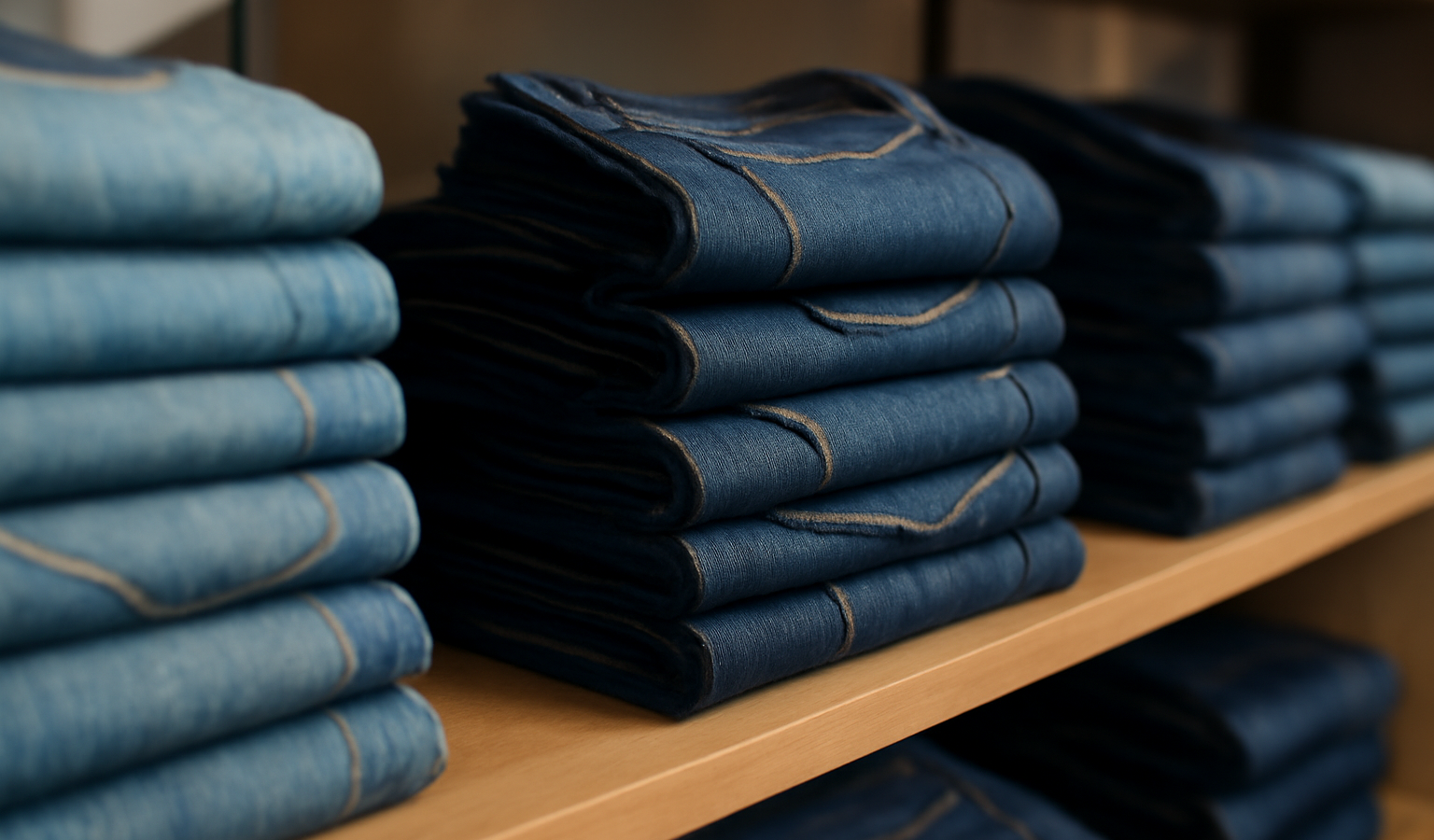 jeans pliés sur étagère en boutique