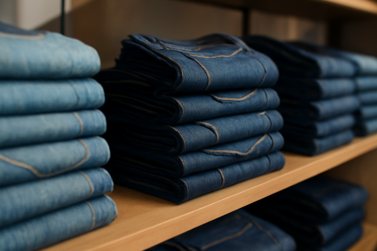 jeans pliés sur étagère en boutique
