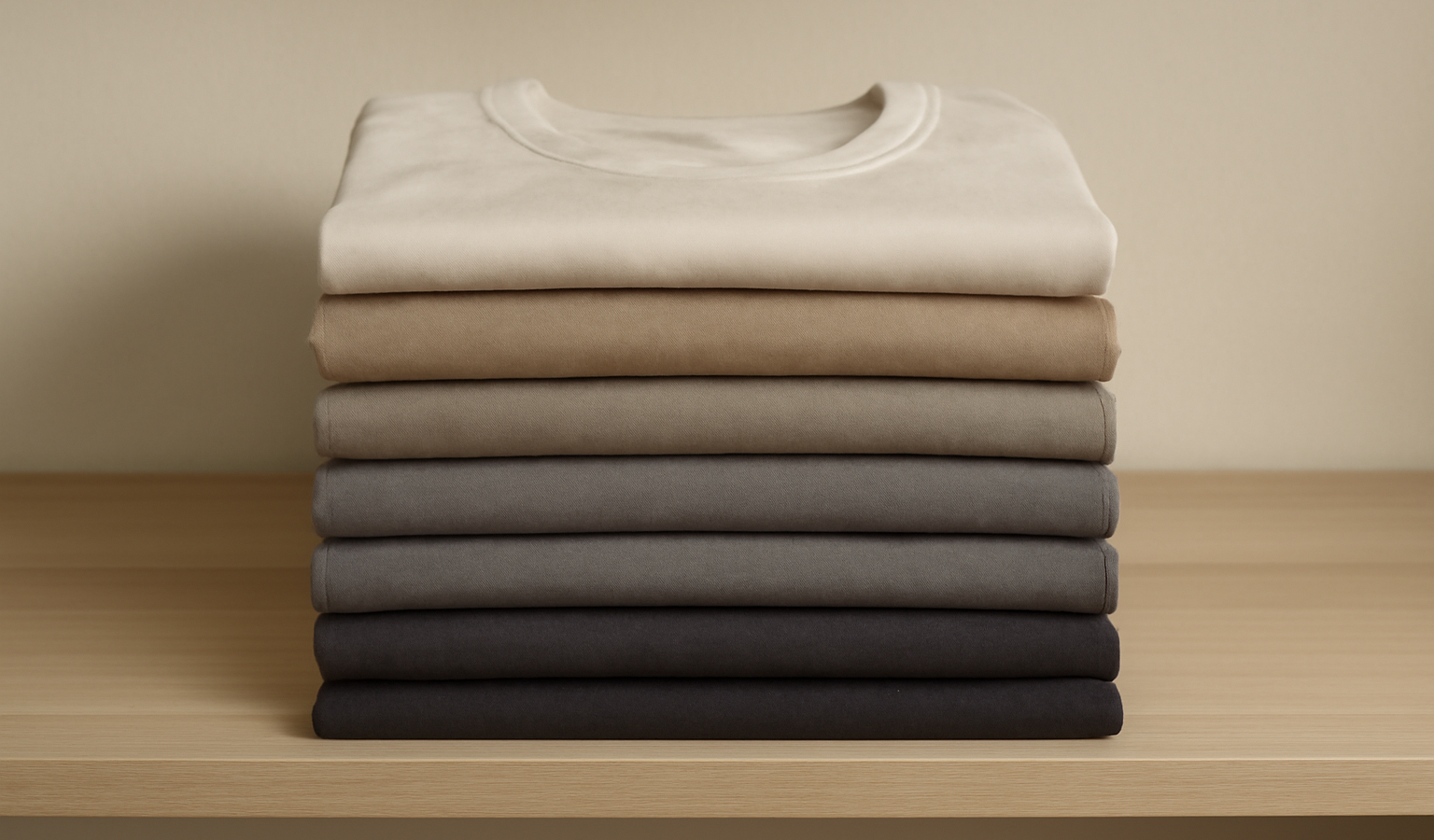 t-shirts pliés aux couleurs neutres sur étagère