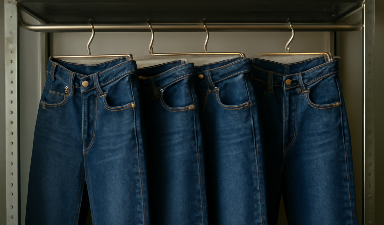 jeans épais suspendus sur étagère métallique