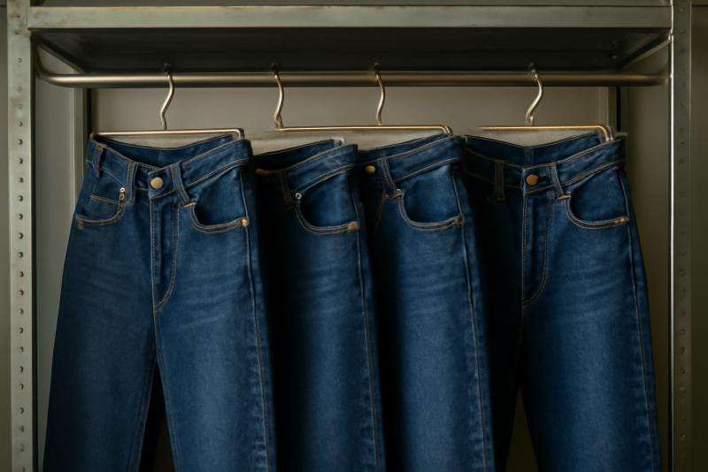 jeans épais suspendus sur étagère métallique