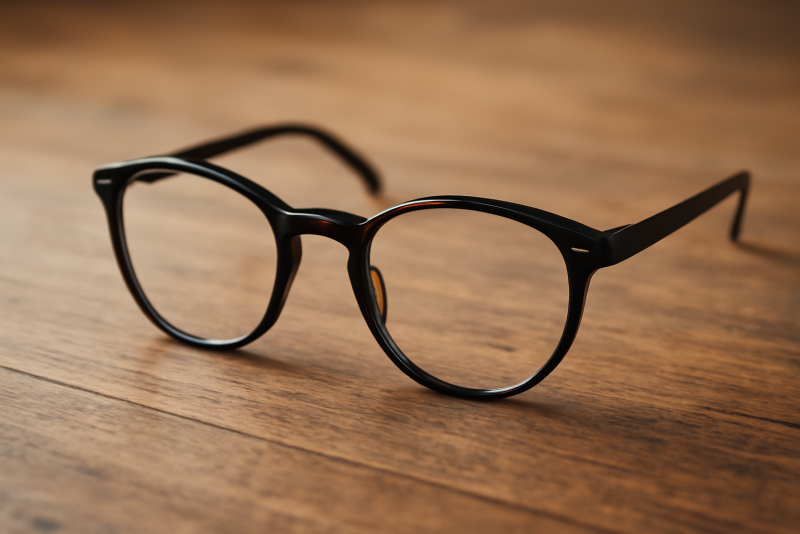 paire de lunettes posée sur table bois