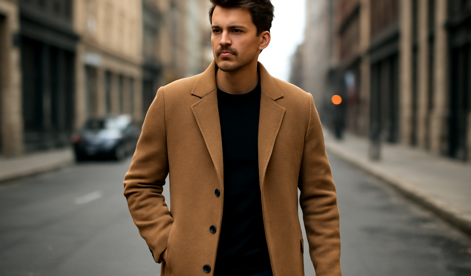 homme portant un manteau en rue urbaine