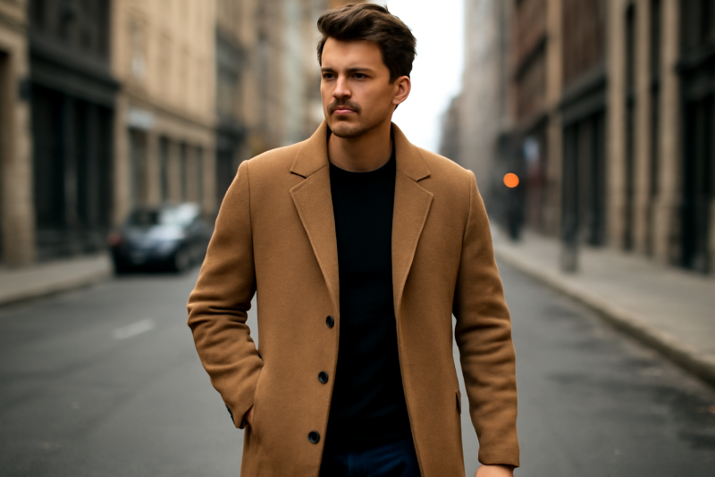 homme portant un manteau en rue urbaine