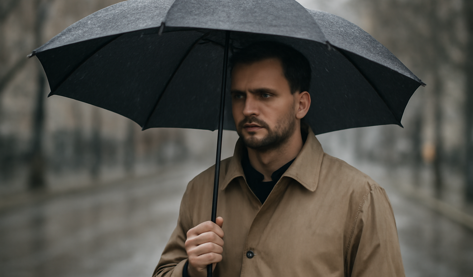 homme sous parapluie portant manteau imperméable