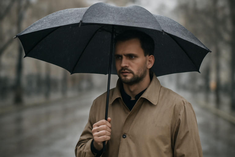 homme sous parapluie portant manteau imperméable