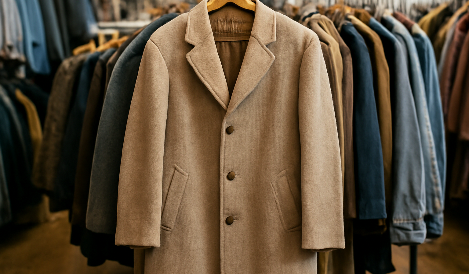 manteau d'occasion accroché dans friperie
