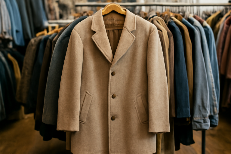 manteau d'occasion accroché dans friperie