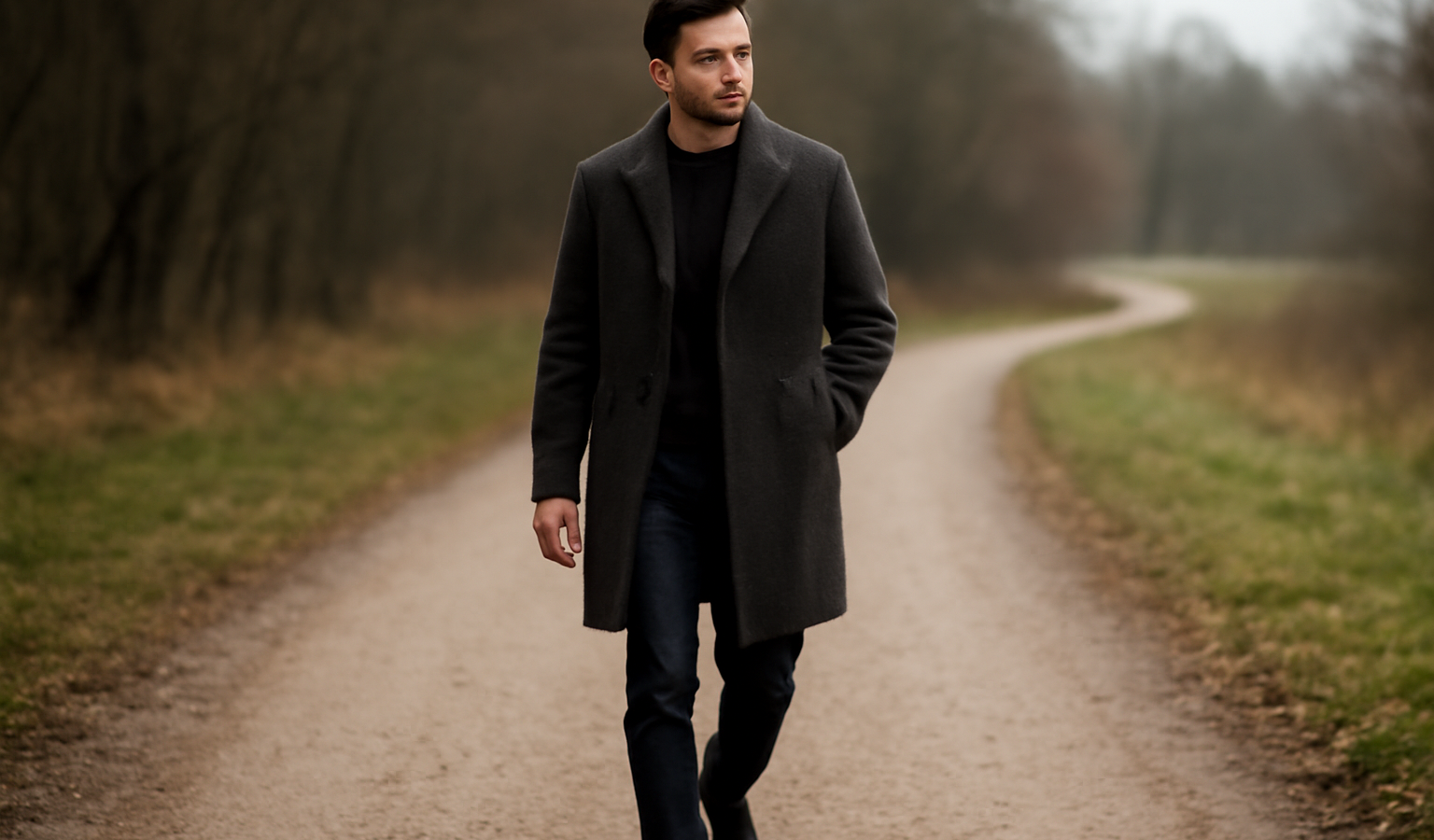 homme en manteau marchant sur chemin