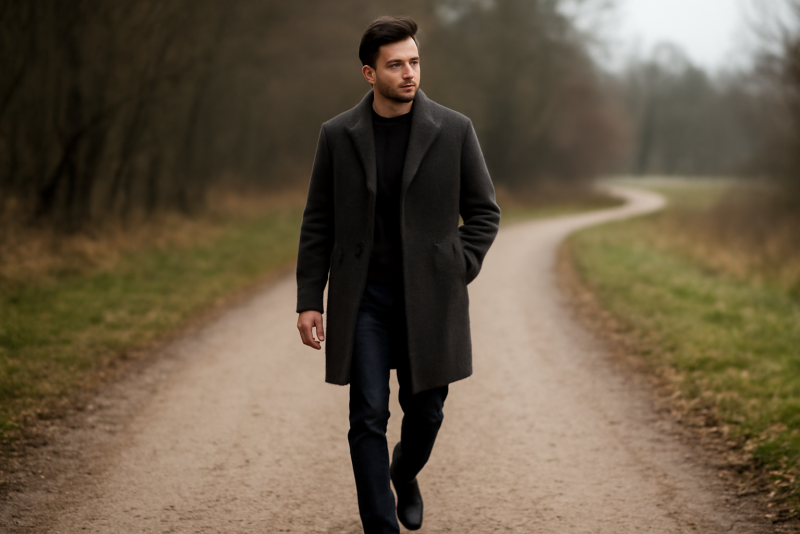 homme en manteau marchant sur chemin