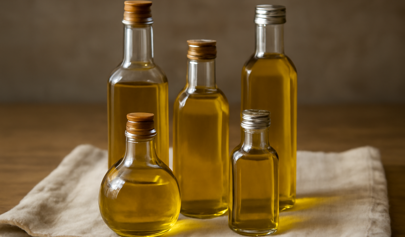 bouteilles d'huile posées sur une serviette