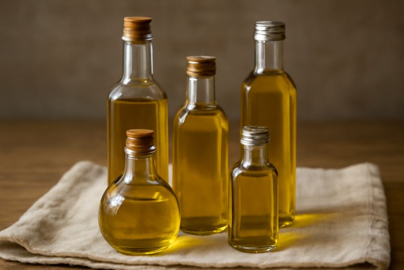 bouteilles d'huile posées sur une serviette