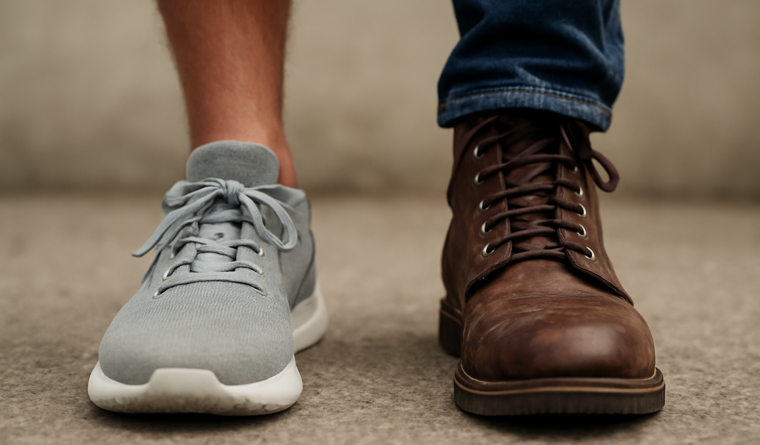 homme portant baskets a cote bottes