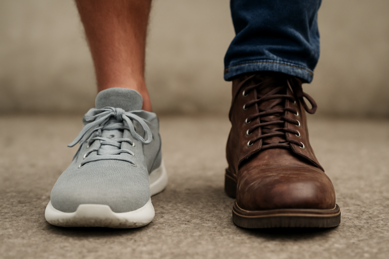 homme portant baskets a cote bottes