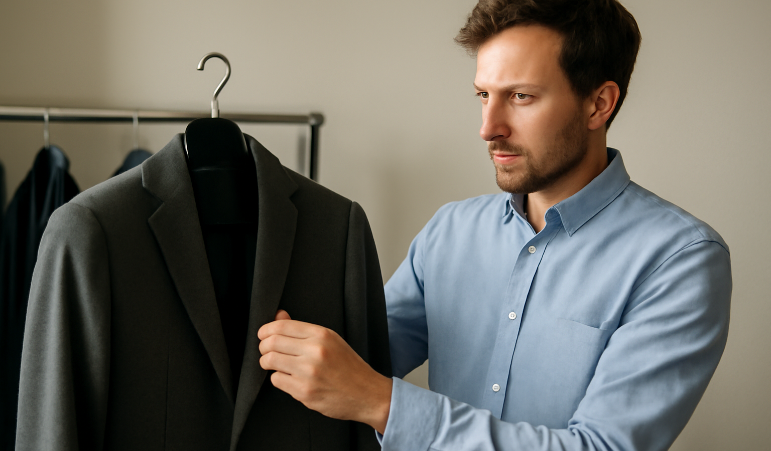 homme essayant un blazer sur un cintre