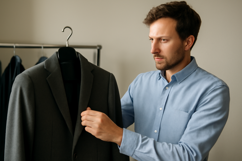 homme essayant un blazer sur un cintre