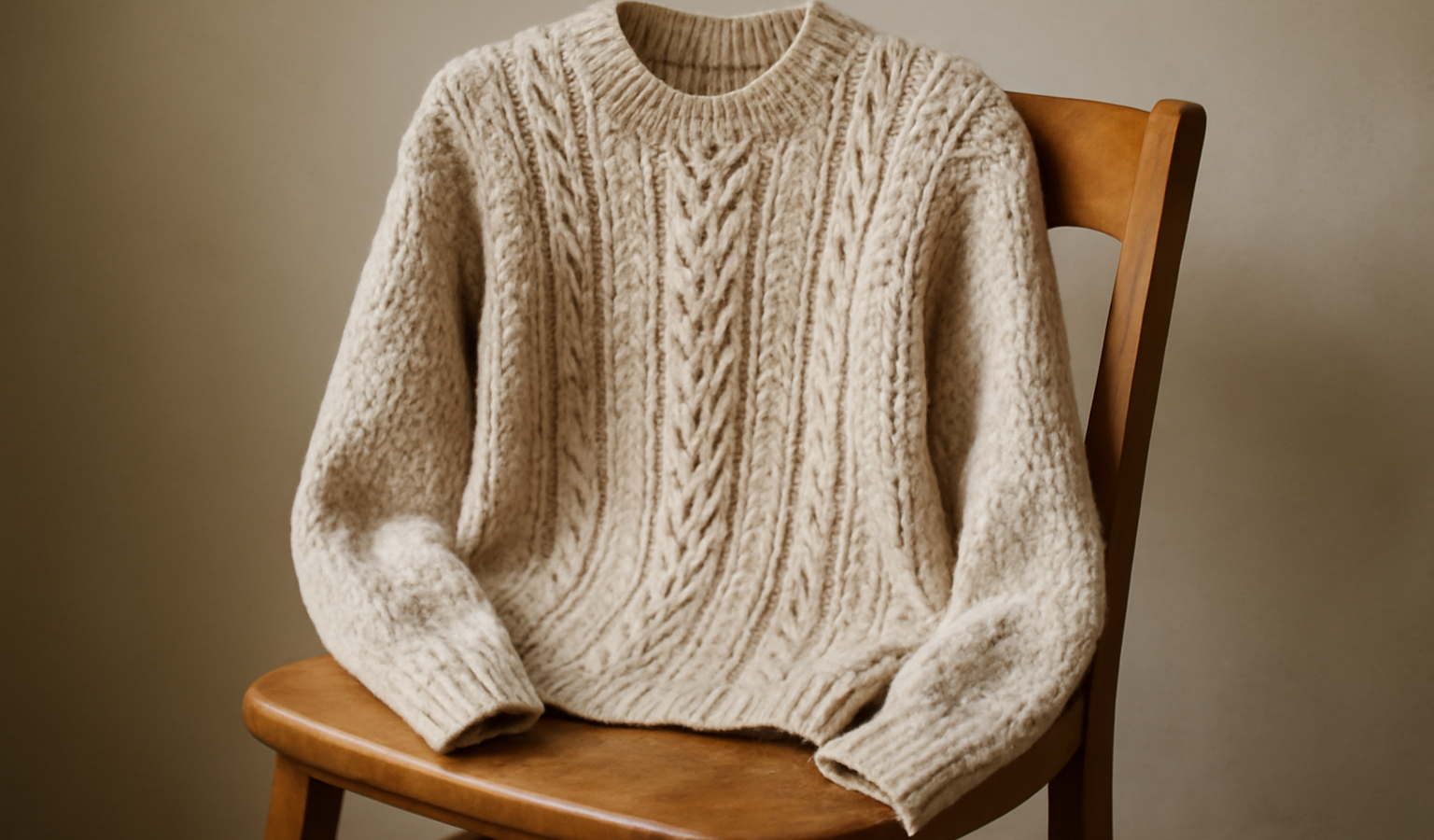 pull texturé posé sur une chaise en bois