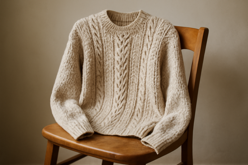 pull texturé posé sur une chaise en bois