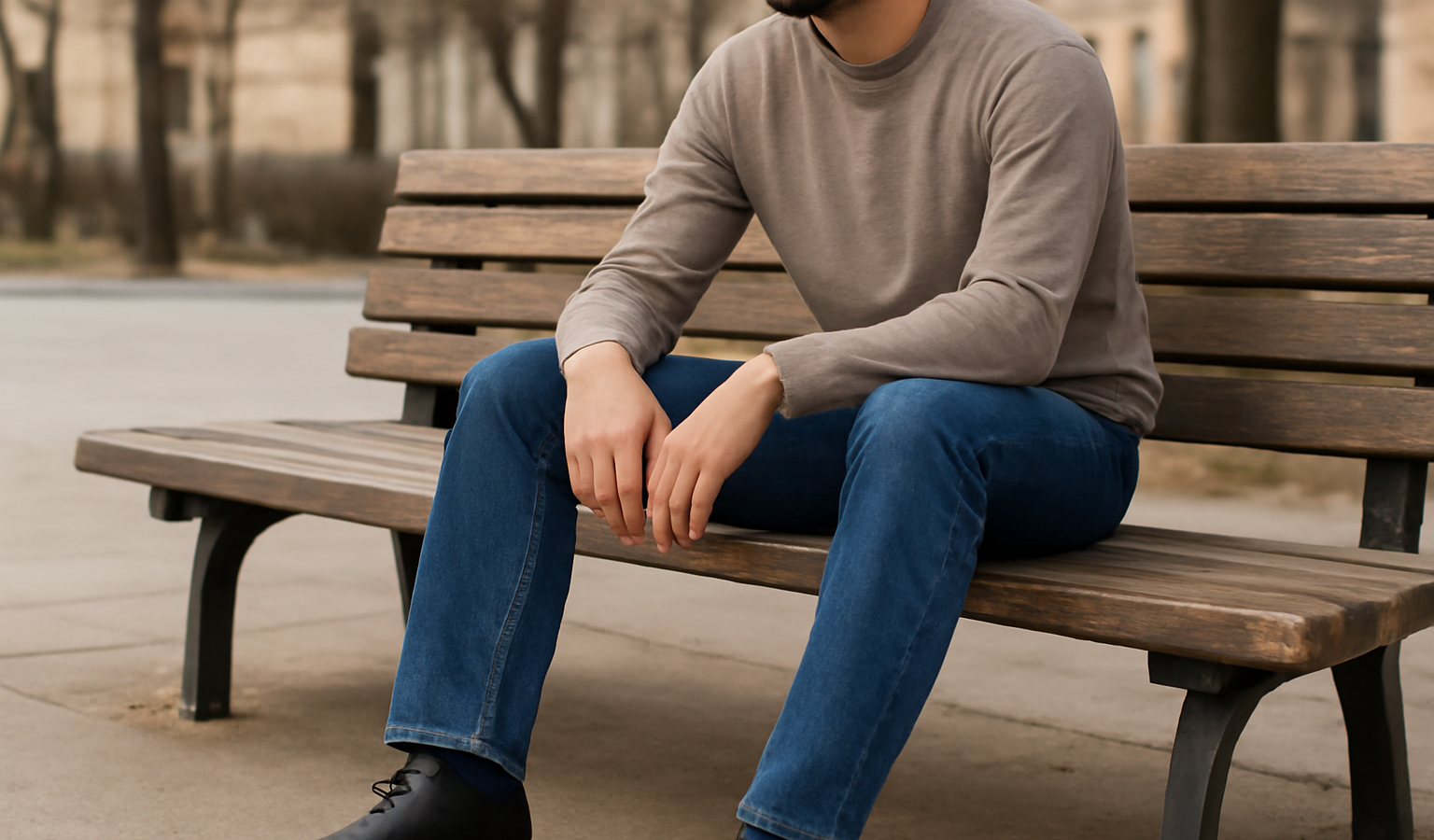 homme portant pantalon droit assis sur un banc