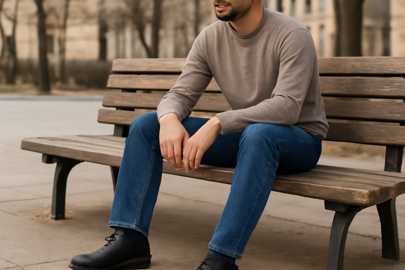 homme portant pantalon droit assis sur un banc