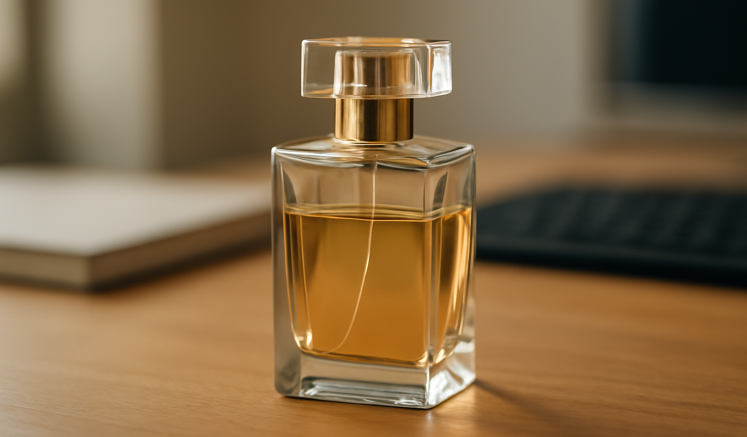 flacon de parfum posé sur bureau