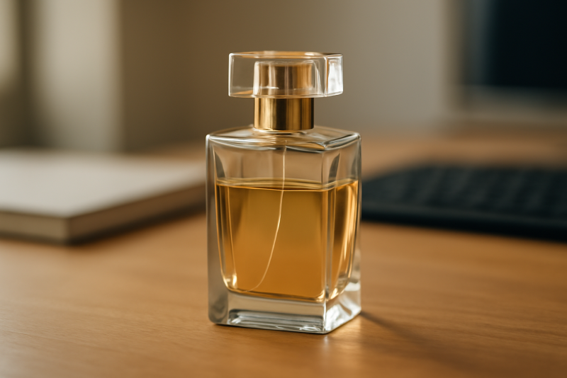 flacon de parfum posé sur bureau