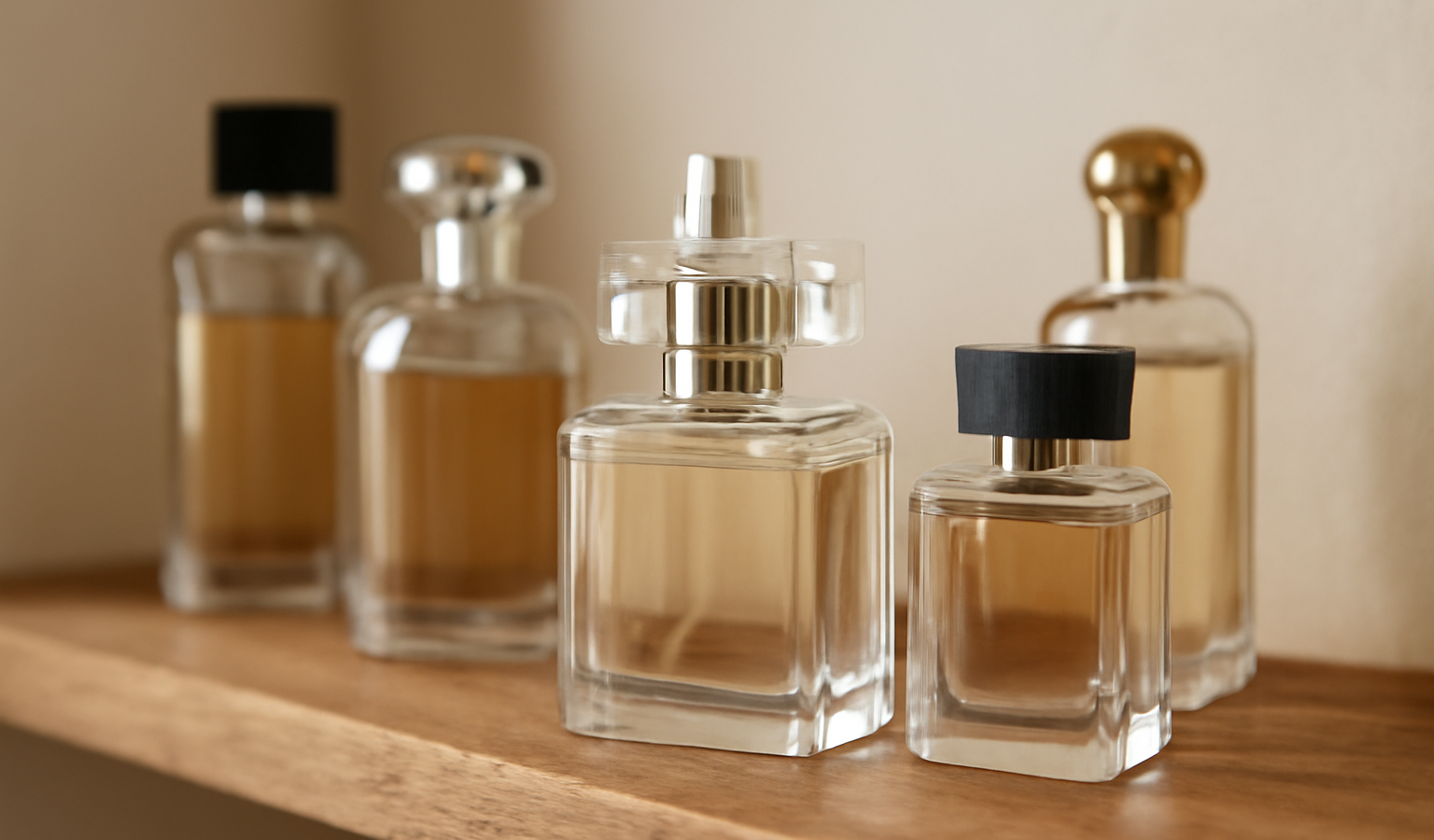 flacons de parfum sur une étagère en bois