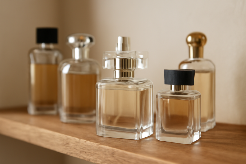 flacons de parfum sur une étagère en bois