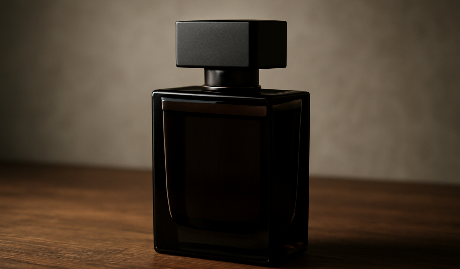 flacon de parfum sombre posé sur table