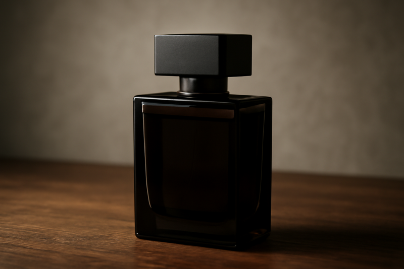 flacon de parfum sombre posé sur table