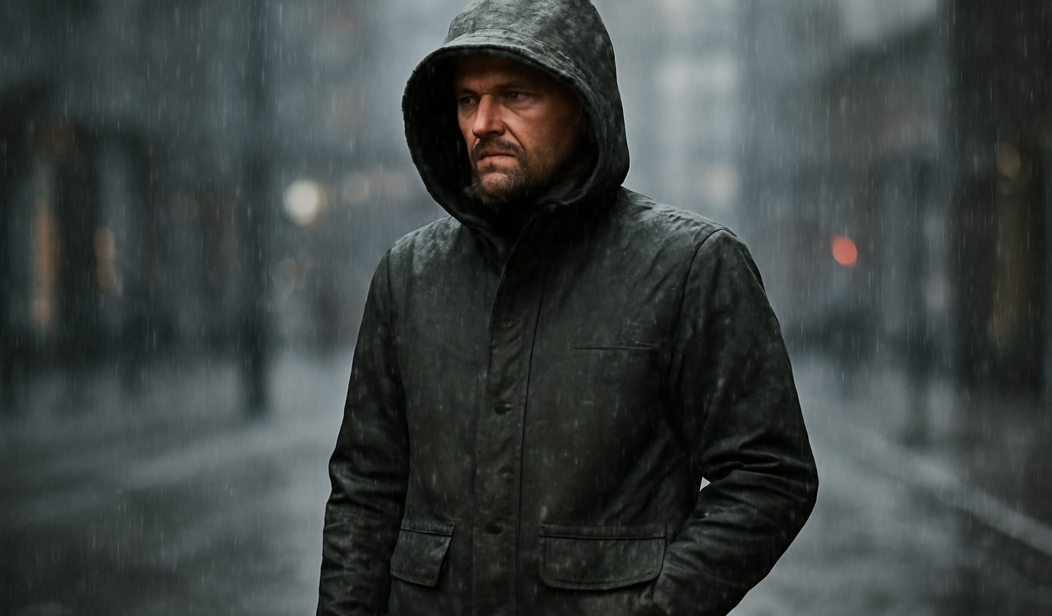 parka imperméable portée sous la pluie urbaine