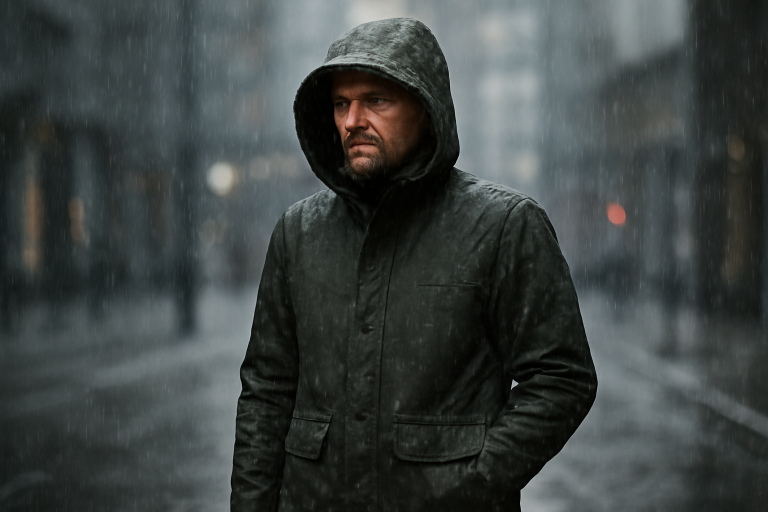 parka imperméable portée sous la pluie urbaine