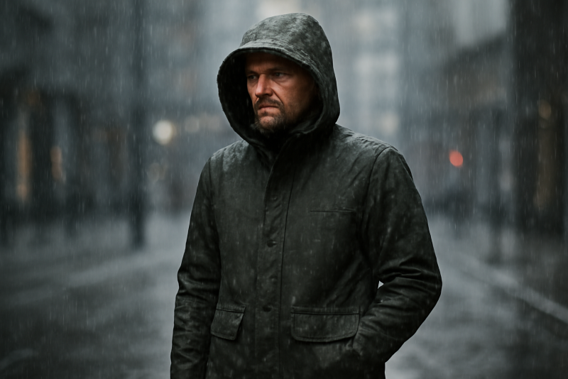 parka imperméable portée sous la pluie urbaine