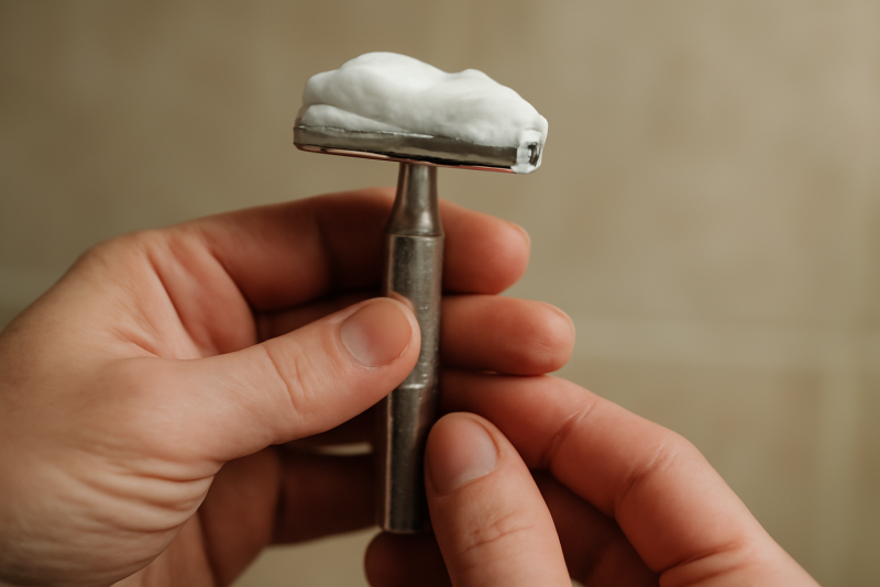 mains tenant un rasoir au savon