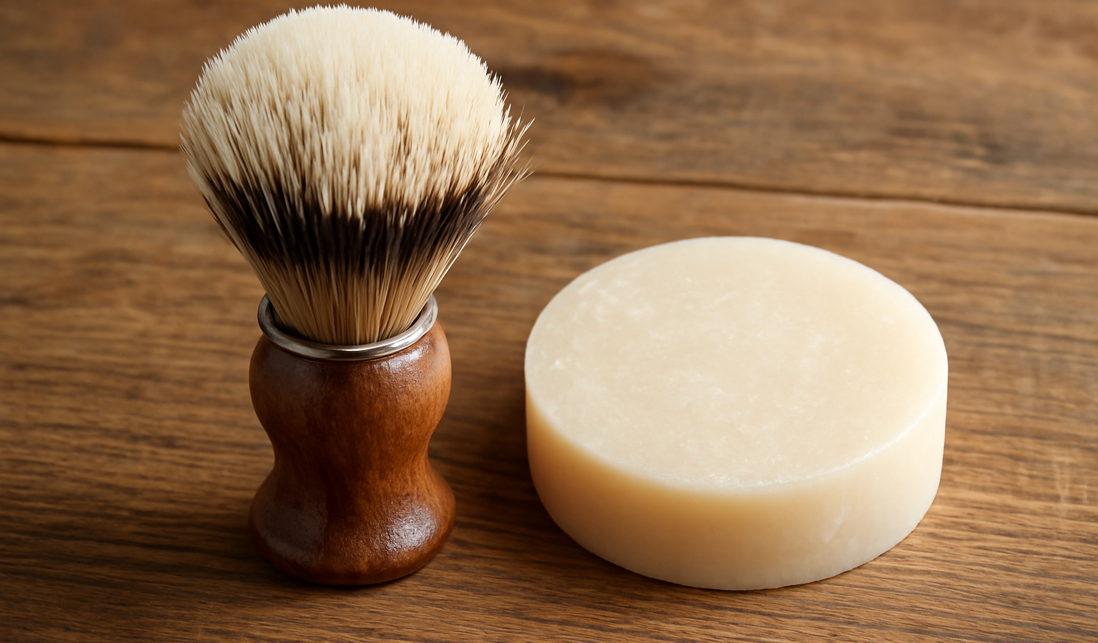 brosse et savon à barbe sur plan de bois