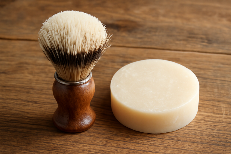 brosse et savon à barbe sur plan de bois