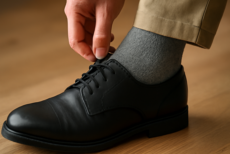 pied ajustant une chaussette dans une chaussure