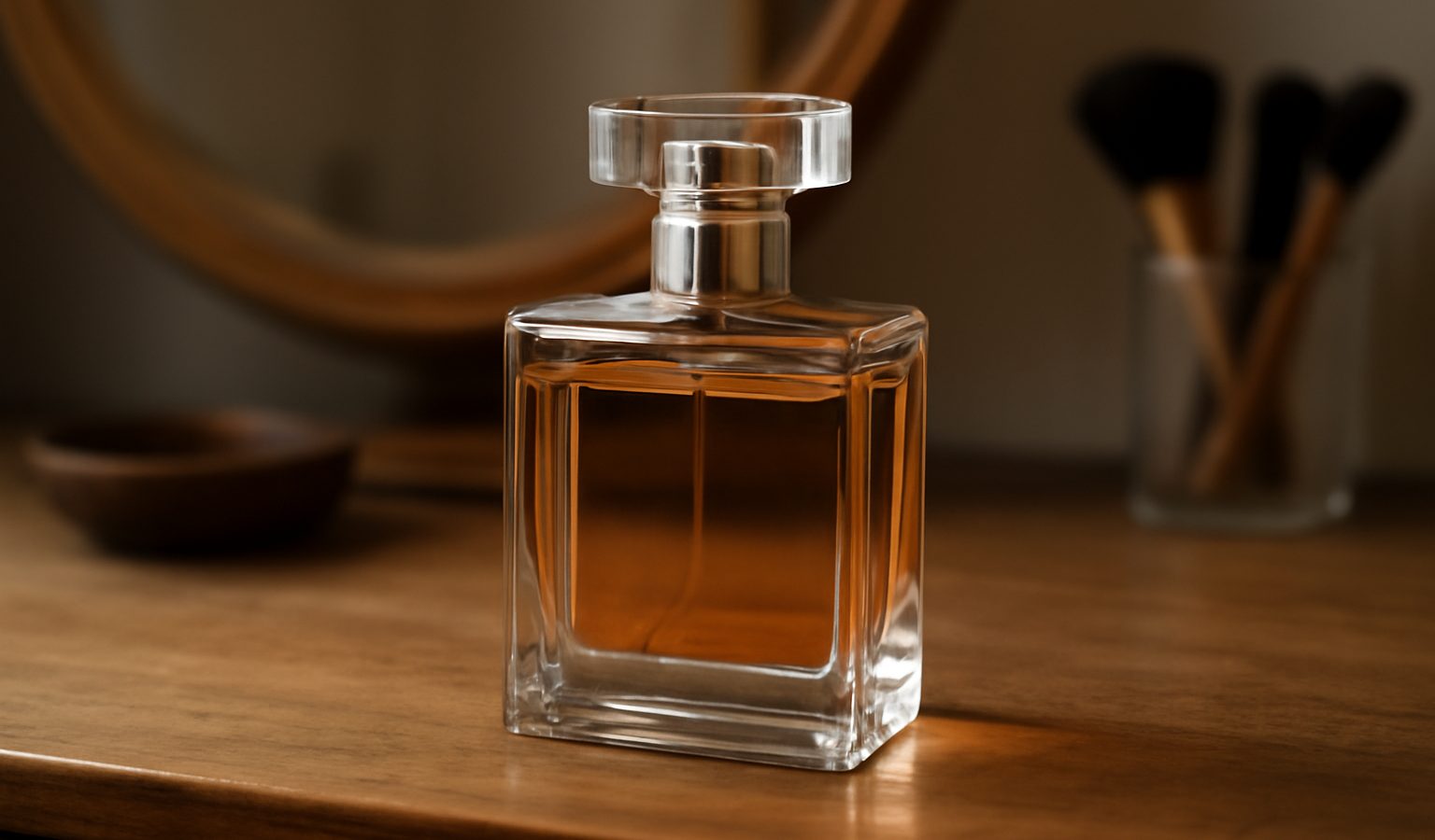 flacon de parfum sur une coiffeuse en bois