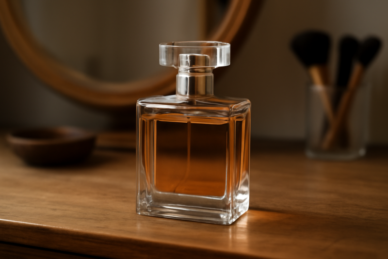 flacon de parfum sur une coiffeuse en bois