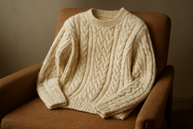 pull en laine posé sur un fauteuil