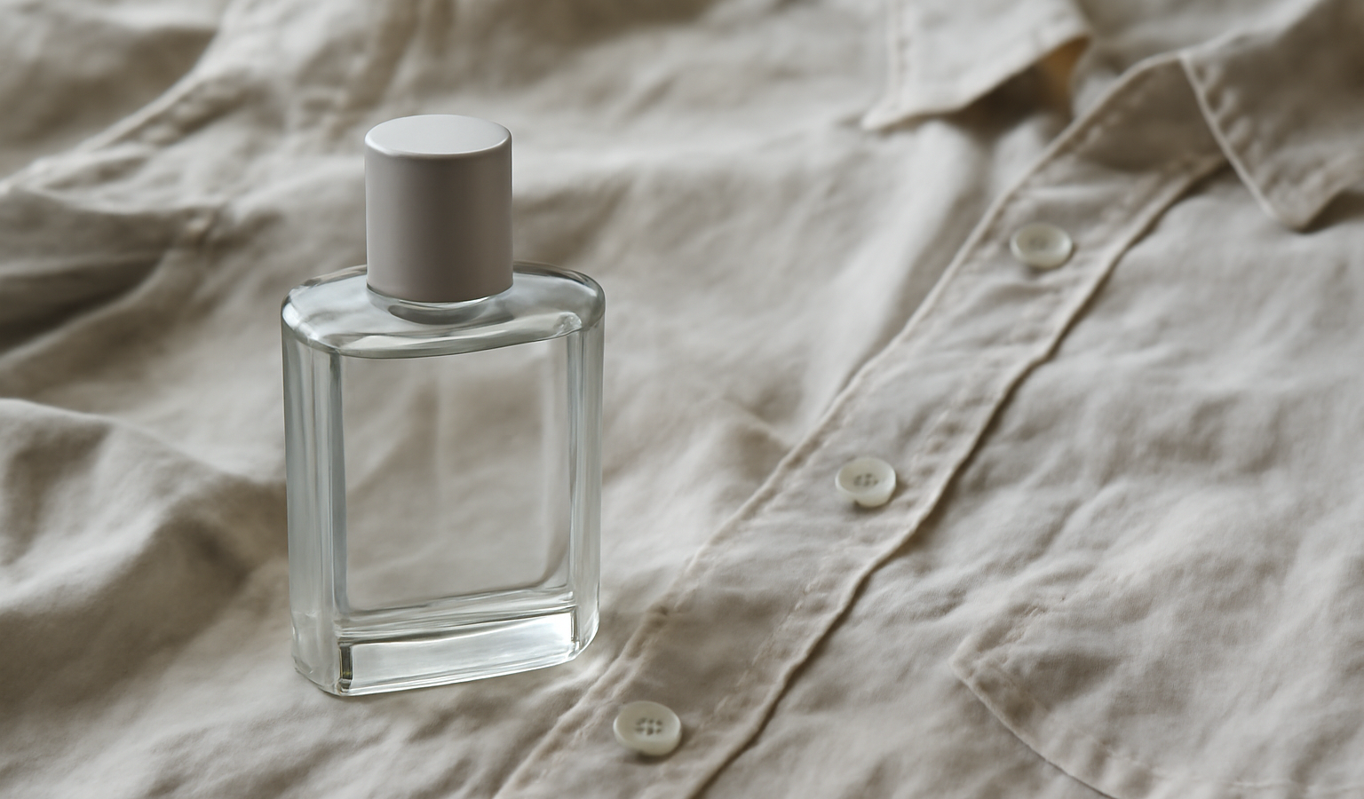 flacon neutre posé près d'une chemise froissée