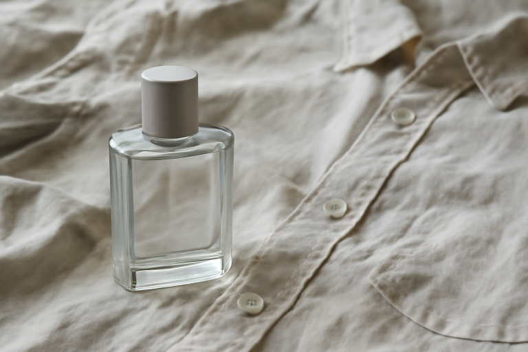 flacon neutre posé près d'une chemise froissée